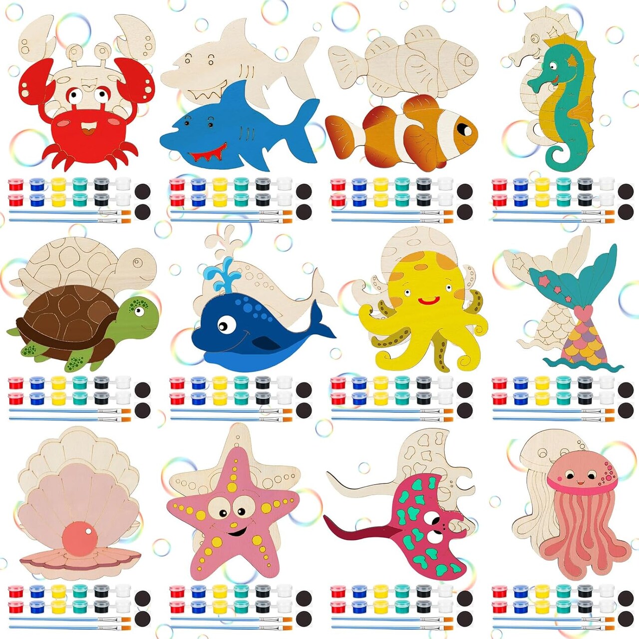 24 Pcs Unfinished Wood Cutouts for Kids Under The Sea Paint Kit Set and DIY Crafts for Kids Classroom School Birthday Gifts Paint Your Own Painting Bulk Kits and Crafts